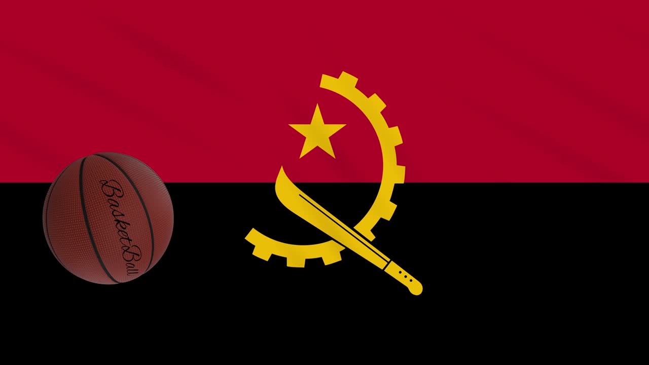 la bandera de angola se agita y el baloncesto gira, bucle