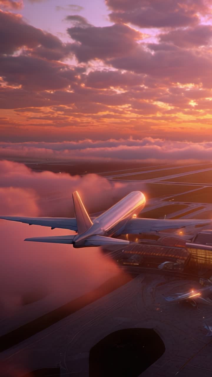Una impresionante vista aérea de un avión despegando de un aeropuerto al atardecer, rodeado de nubes vibrantes y reflejando la luz en un cielo impresionante lleno de colores.