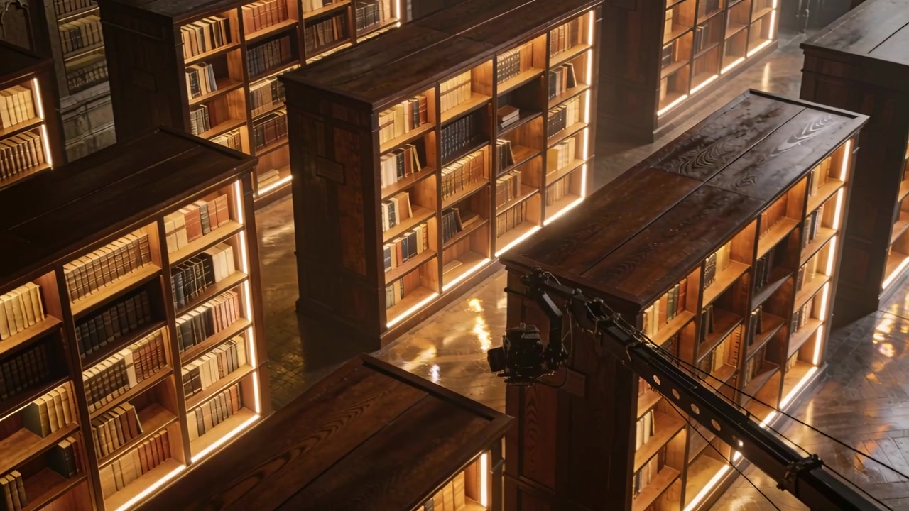 Extending crane sweeping mounted camera past central bookshelf in library, revealing lit shelves