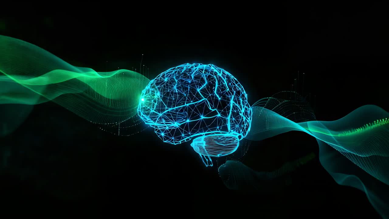 Sending left ribbon node nudging brain pulsing rotating in void teal ribbons swaying dots drifting