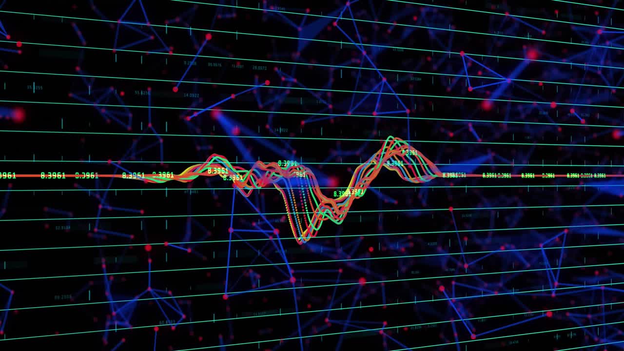 animación de la red de conexiones con gráfico y procesamiento de datos sobre fondo negro