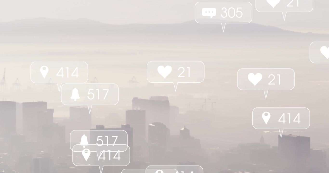 Animation of social media icons and data processing over cityscape