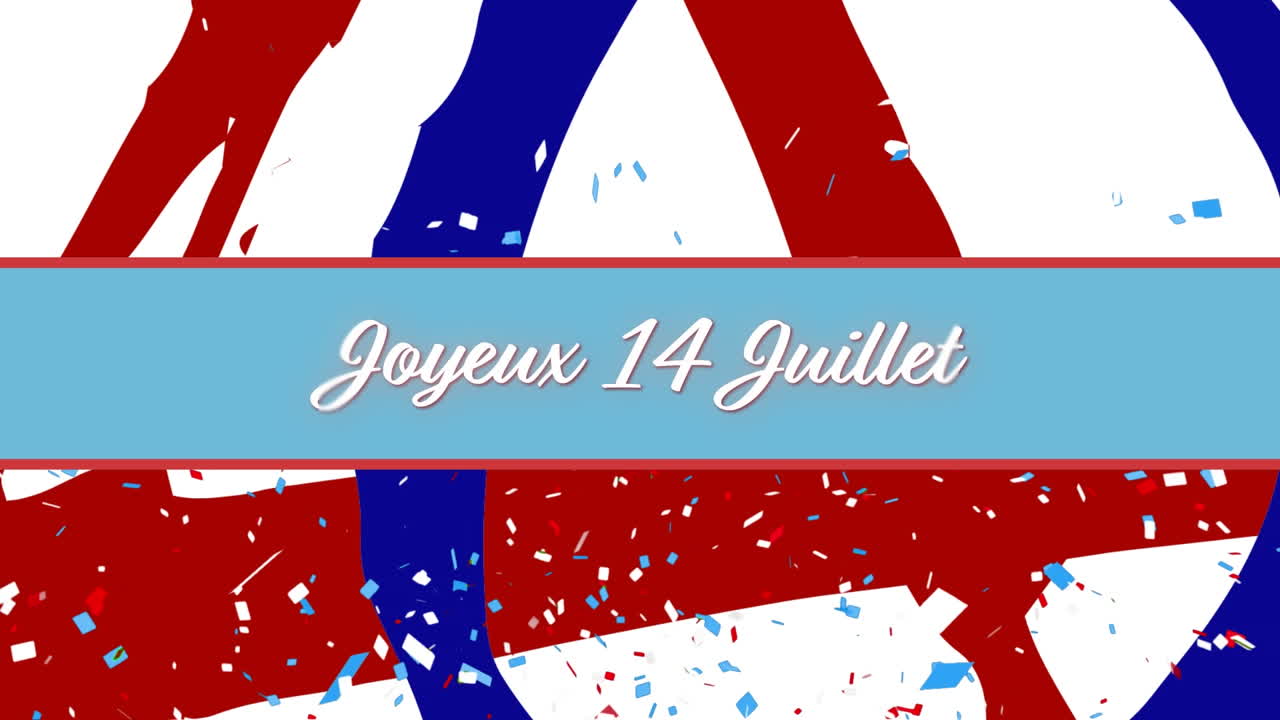Animasjon av teksten «Joyeux 14 Juillet» med franske flaggfarger og konfetti på hvit bakgrunn