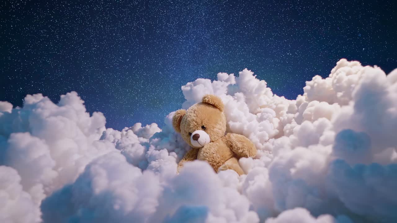 A whimsical video featuring a teddy bear nestled in fluffy clouds under a starry sky