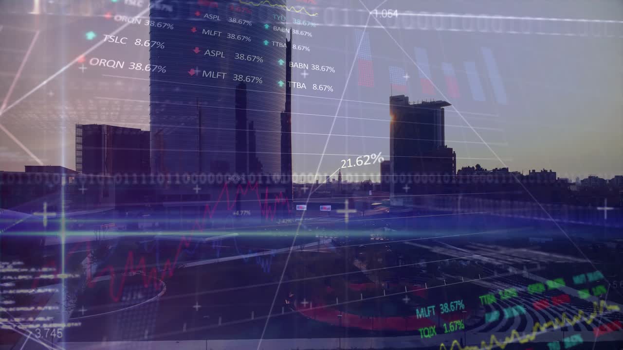 Sun grazing midrise tower edge sparking overlays showing binary charts percent visualizing data