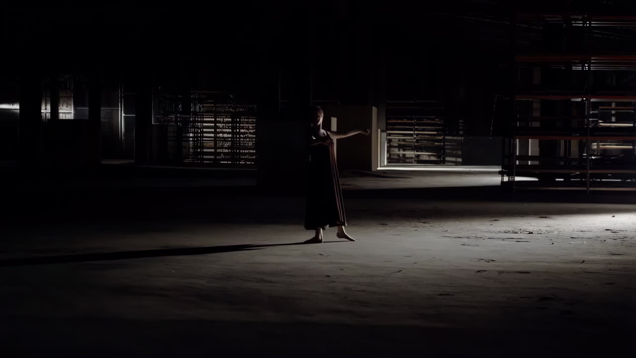 A woman dancing in a dark warehouse
