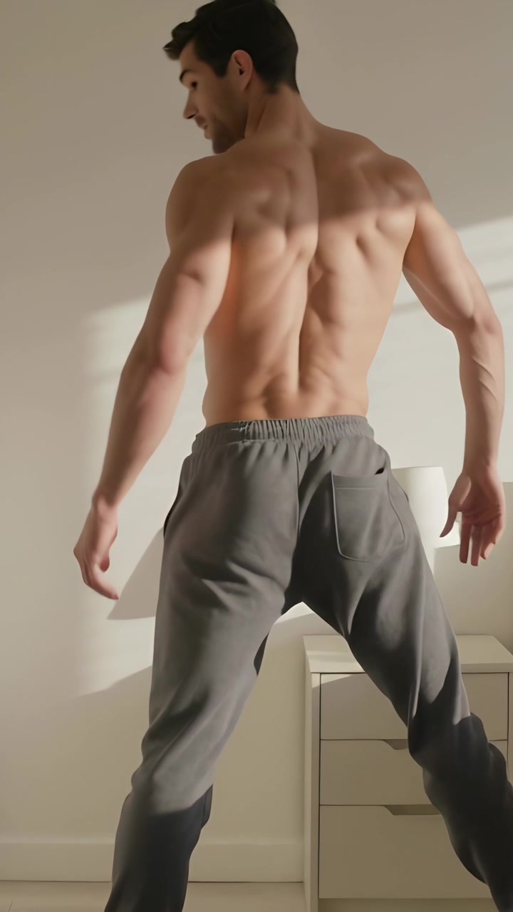 Video verticale: Uomo a torso nudo che si stira e si gira accanto al letto a casa mentre la luce del sole lo sveglia, pantaloni della tuta.