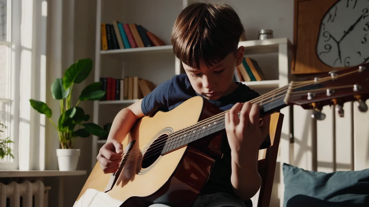 Young boy playing acoustic guitar indoors