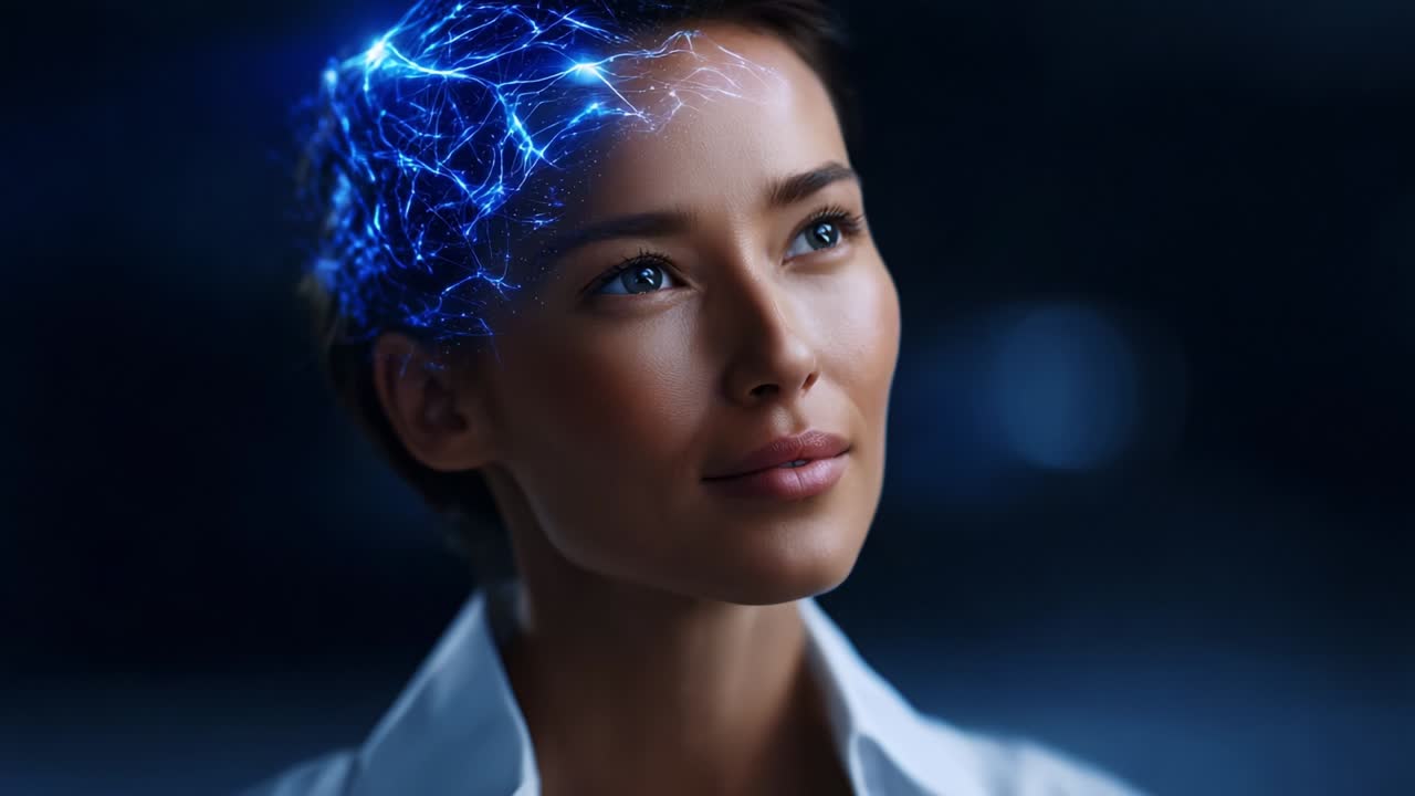A striking visual representation of human intelligence and creativity, showcasing a woman with a futuristic glow emanating from her head, symbolizing neural activation and mental prowess in a captivating manner