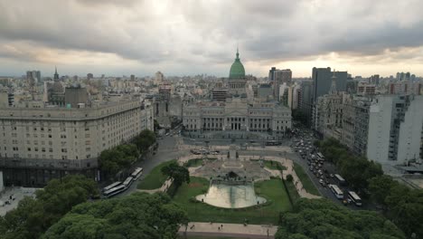 aerial cinematic view above congressional plaza and congress of buenos aires argentina with clear daylight