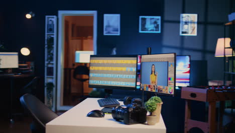 photo retouching software interface on computer in empty freelancing apartment studio
