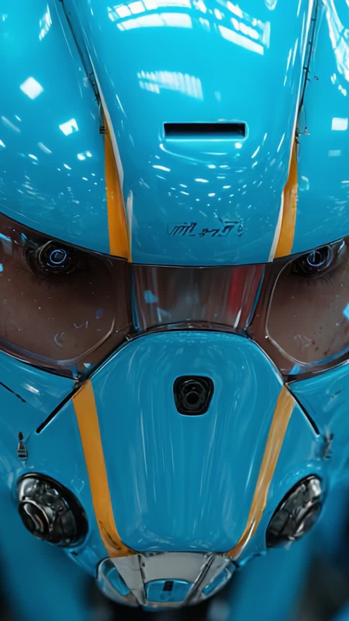 Primo piano di un casco blu futuristico che mette in mostra dettagli intricati ed elementi LED, caratterizzato da un design elegante con un contrasto cromatico sorprendente e funzionalità uniche