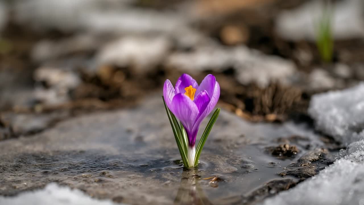 Membuka bunga crocus ungu tunggal yang merespons air lelehan di kebun, menampakkan stigma kuning
