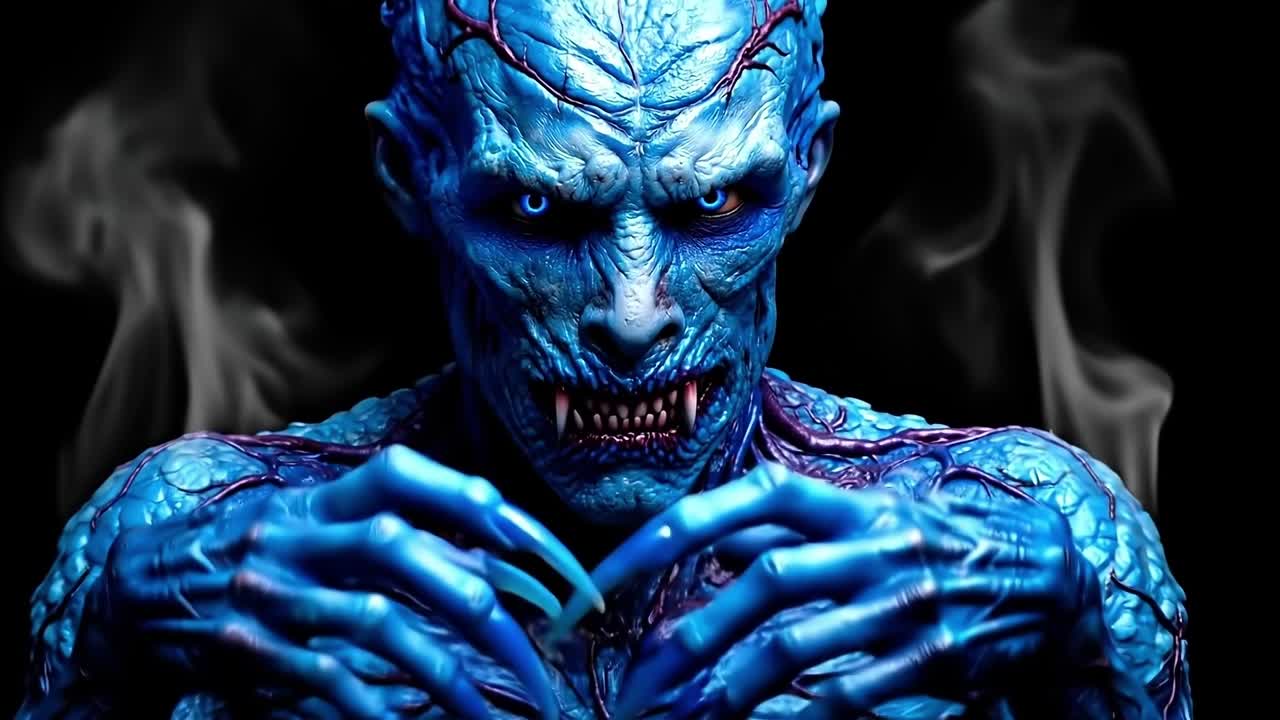 A close up of a blue monster with blue eyes and fangs