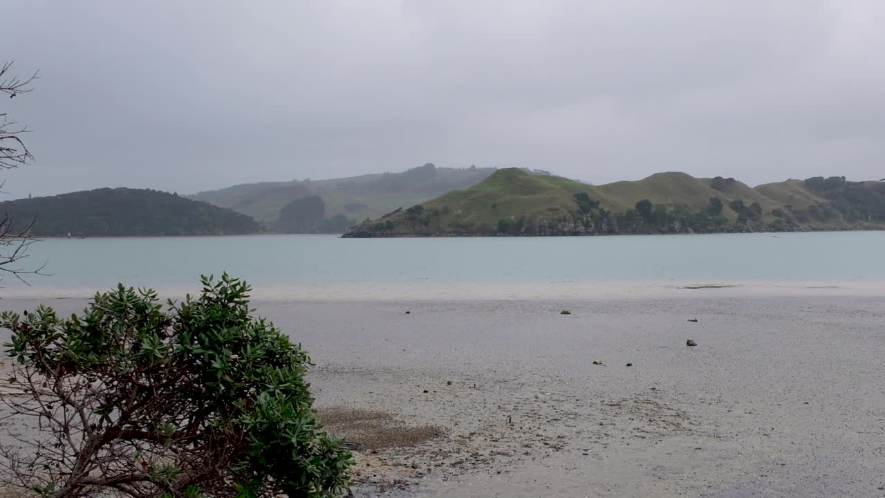 뉴질랜드 와이카토 라글란의 작은 마을에서 변덕스럽고 회색빛이며 흐리고 바람이 부는 날 바다, 갯벌, 조수 해안 풍경을 감상합니다.
