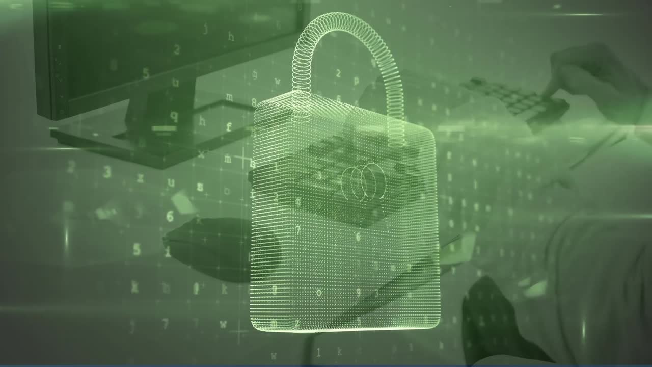 animación de candados digitales y números en las computadoras de la oficina
