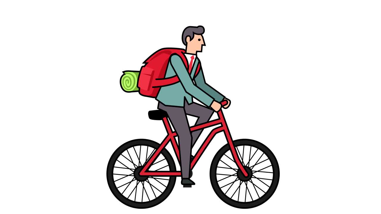 Linear Style Flat Stick Figure Pictogram Color Businessman Character Bicycle with Backpack Travel Animation Luma Matte