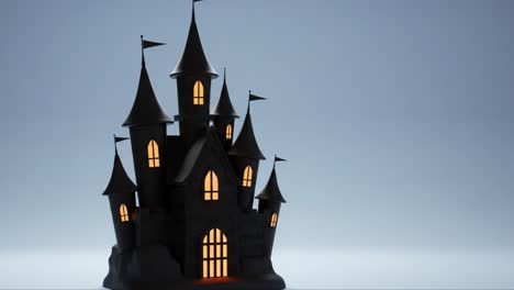 a majestic dark castle with illuminated windows and towering spires, captured in a mysterious atmosphere evoking a magical fantasy world