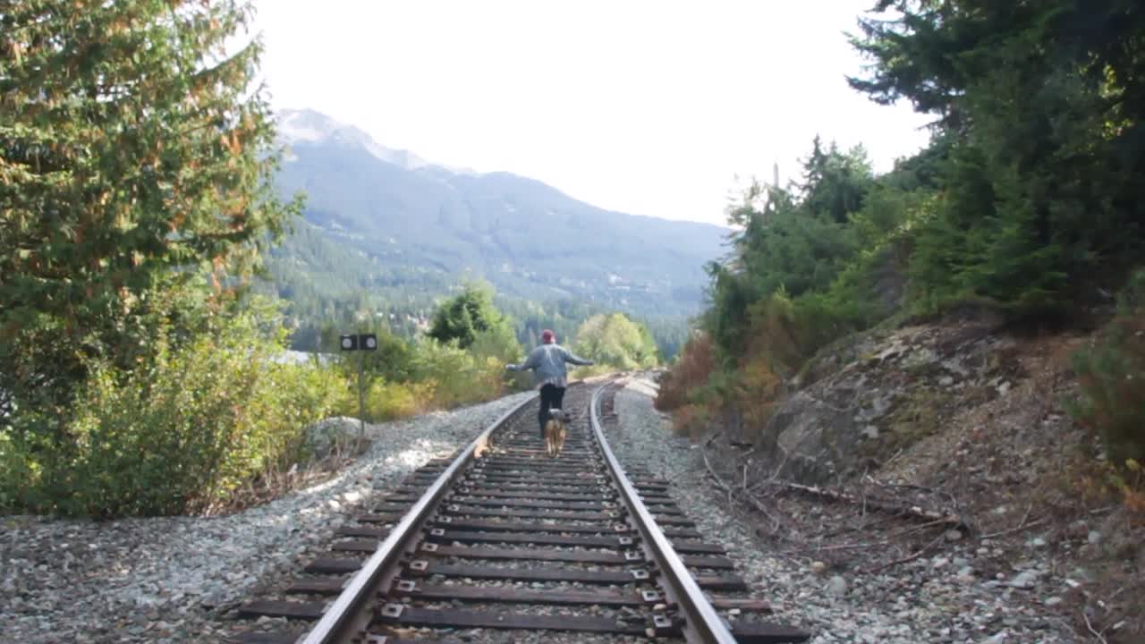 un perro mascota compañero corriendo detrás de su dueño en una vía de tren en whistler bc, composición de línea principal, tiro estático