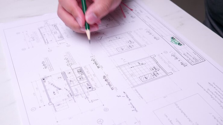 Architect checking house construction blueprint plans
