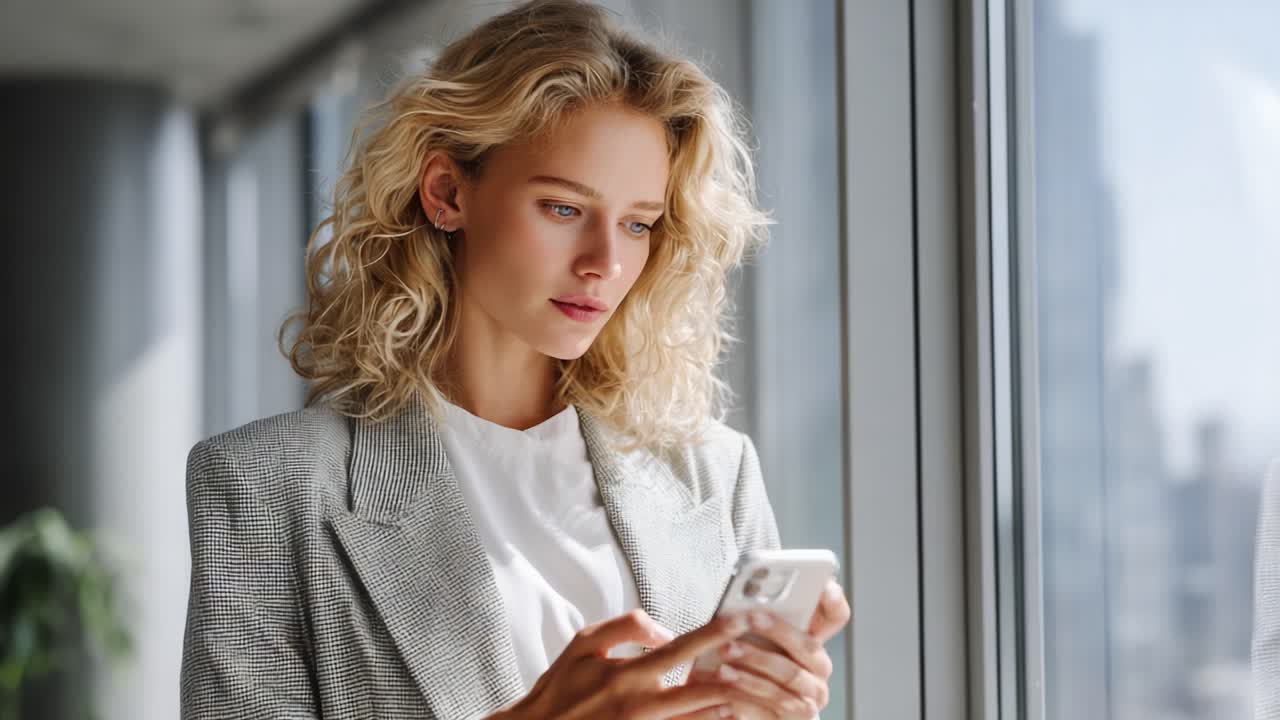 A young professional woman engages with her smartphone while standing near large windows, showcasing a blend of concentration and modern lifestyle in a bright, contemporary setting