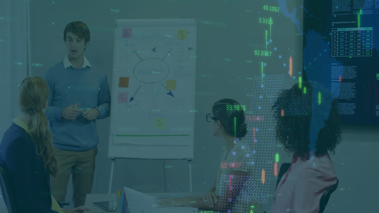 datos financieros y animación del mercado de valores durante una reunión de negocios en la oficina