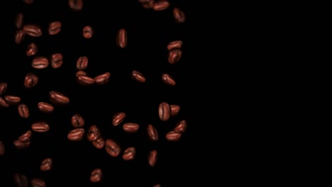 flying many coffee beans on black background. caffeine drink, breakfast, aroma. 3d animation of roasted coffee beans rotating. loop animation.