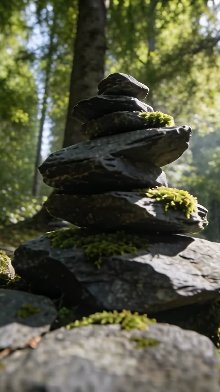 Video verticale: La telecamera si allontana, mostrando un tumulo muschioso, pile più piccole, un tronco alto e la chioma della foresta.