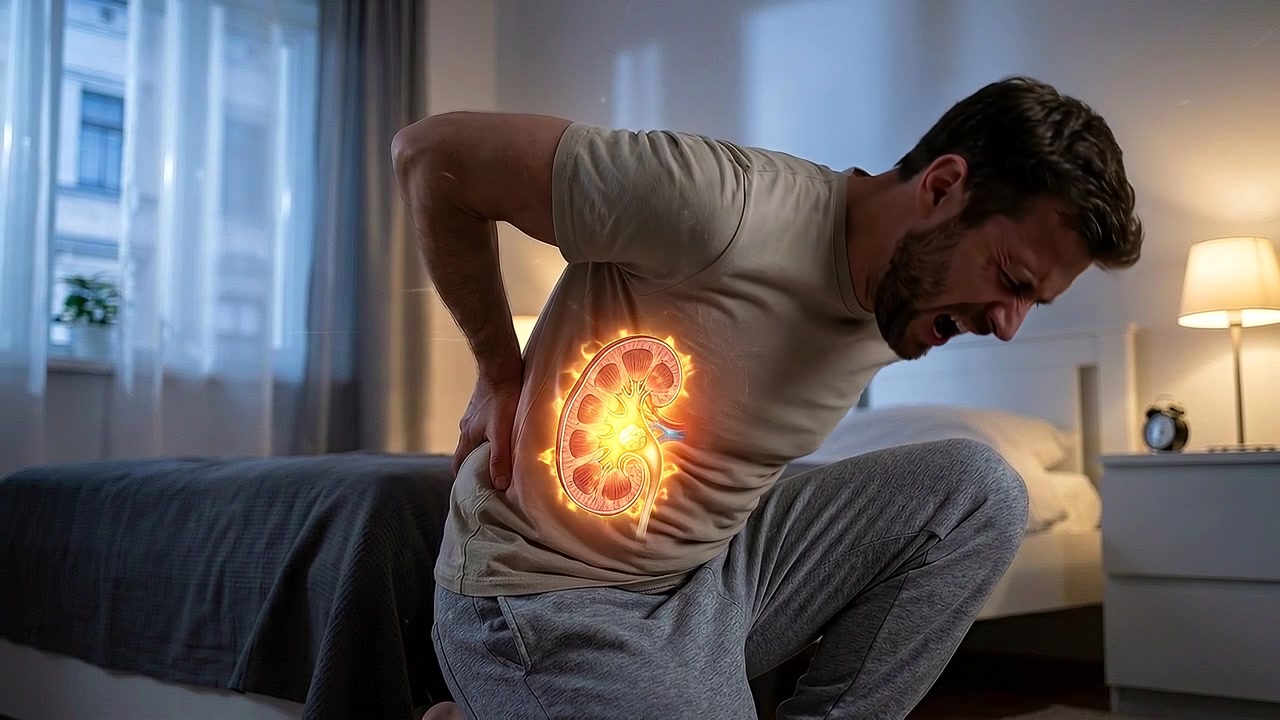 Uomo con forte dolore ai reni in camera da letto