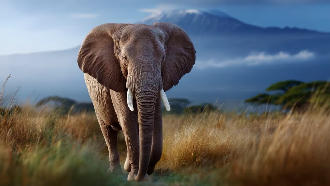 Majestic Elephant Walking through Lush Grasslands with Majestic Mountain in Background, Showcasing the Beauty of Wildlife and Nature's Splendor