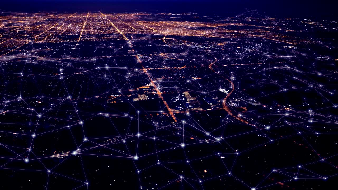 vista aérea de un distrito financiero futurista.