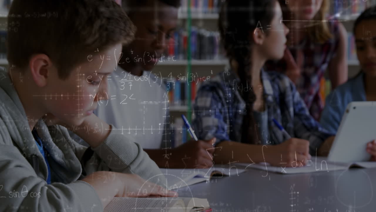 수학 방정식의 애니메이션 학교 어린이들이 교실에서 태블릿을 사용합니다.