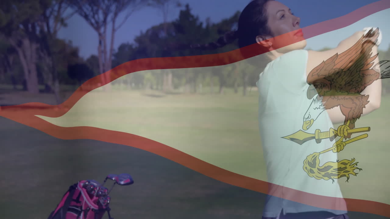 Mature woman swinging golf club on fairway, showing golf technology with animated flight path chart