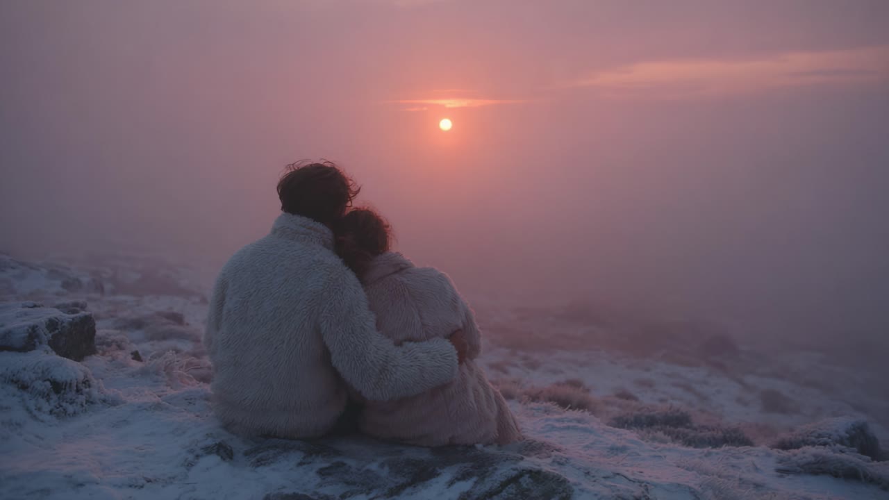 A Romantic Winter Evening: Couples Embracing in a Snowy Landscape as the Sun Sets Behind a Misty Horizon