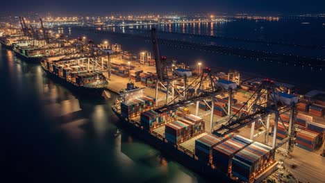 container ships at a busy port at night