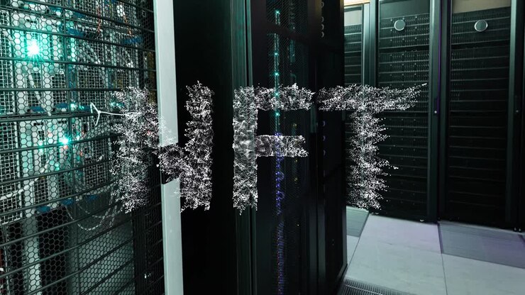 Animation of dots forming nft text over server racks in server room