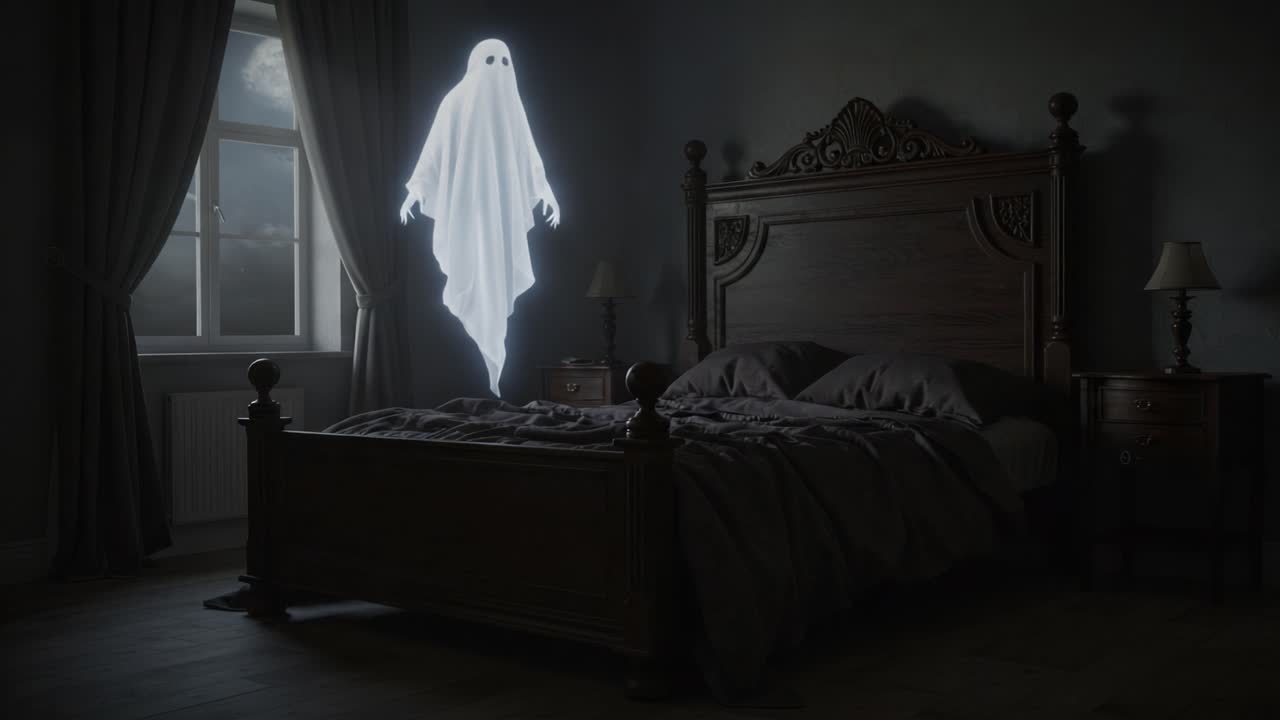 A Haunting Presence: A Ghostly Figure Emerging in a Dimly Lit Bedroom, Creating an Atmosphere of Mystery and Eerie Intrigue