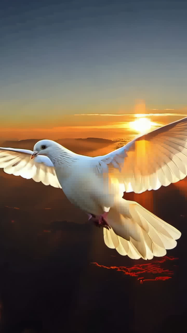 A white dove flying in the sky. Concept of peace and freedom. The bird's wingspan and the vastness of the sky create a feeling of openness and possibility. The image is a reminder of the beauty