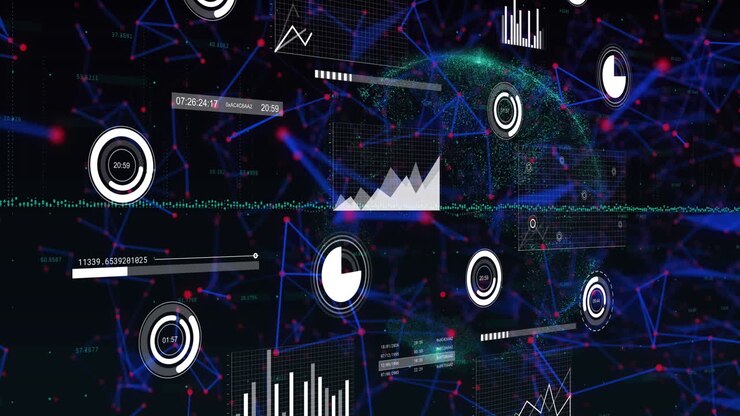 Animation of graphs, loading circles and graphs over connected dots and globe on black background