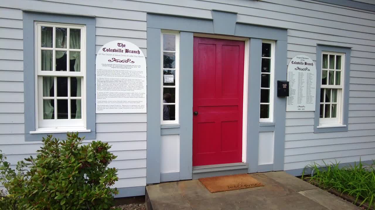front door and signs on the Home of the Knights, Joseph Sr and Newel Knight and the place of the first branch of the church of Christ, Mormons located in Colesville, New York near Bainbridge