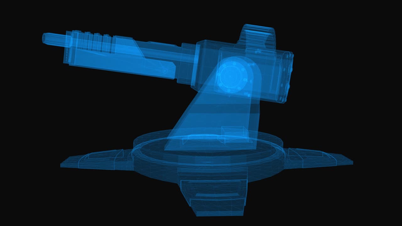 Futuristic machine gun turret wireframe scheme. 3d render with blue grid lines. Loop rotation on black background.