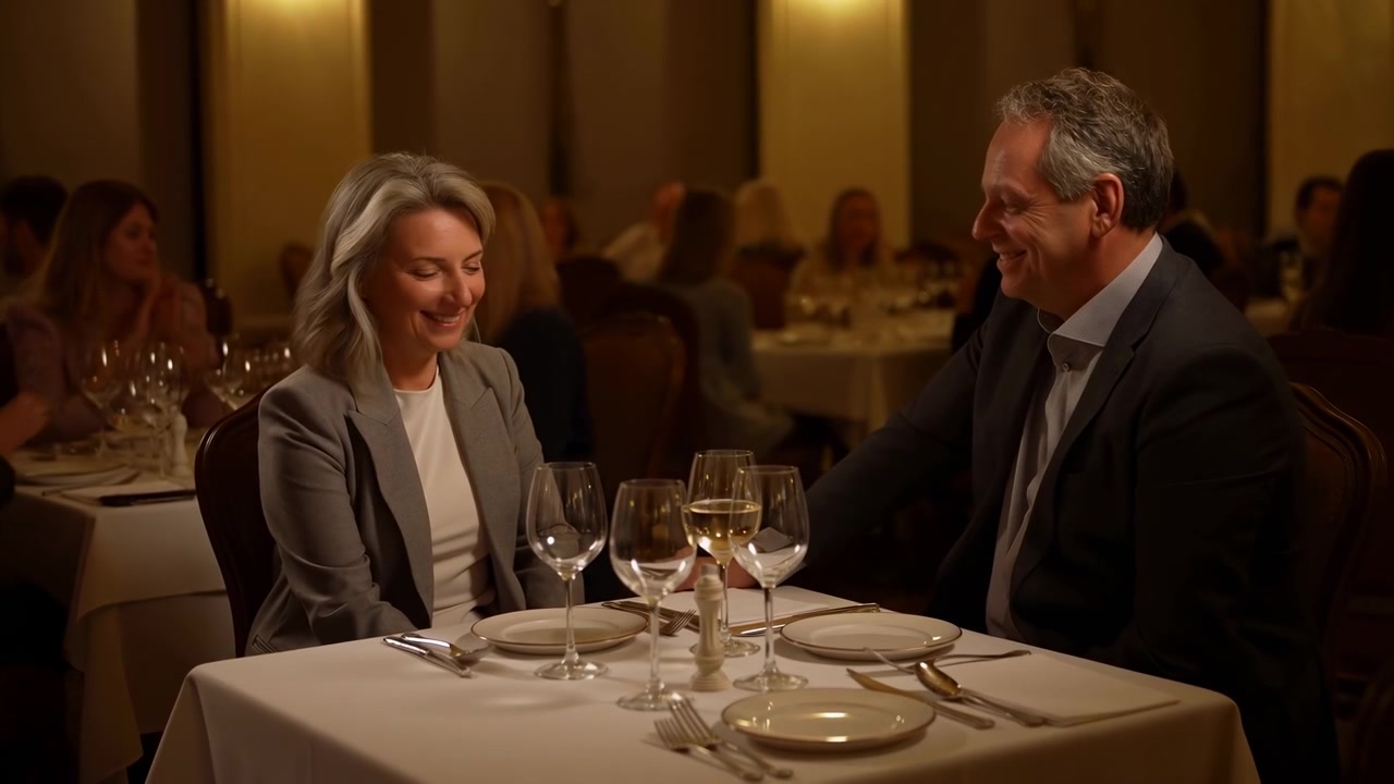 Mature Couple Dining In Elegant Restaurant, Candlelit Table With Wine Glasses And Set Plates, Warm Amber