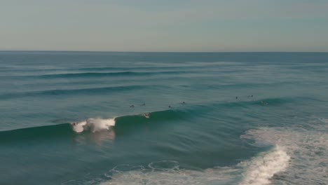 Aerial-Shot-Of-People-Surfing-In-Sea-During-Sunset,-Drone-Flying-Backward-Over-Ocean