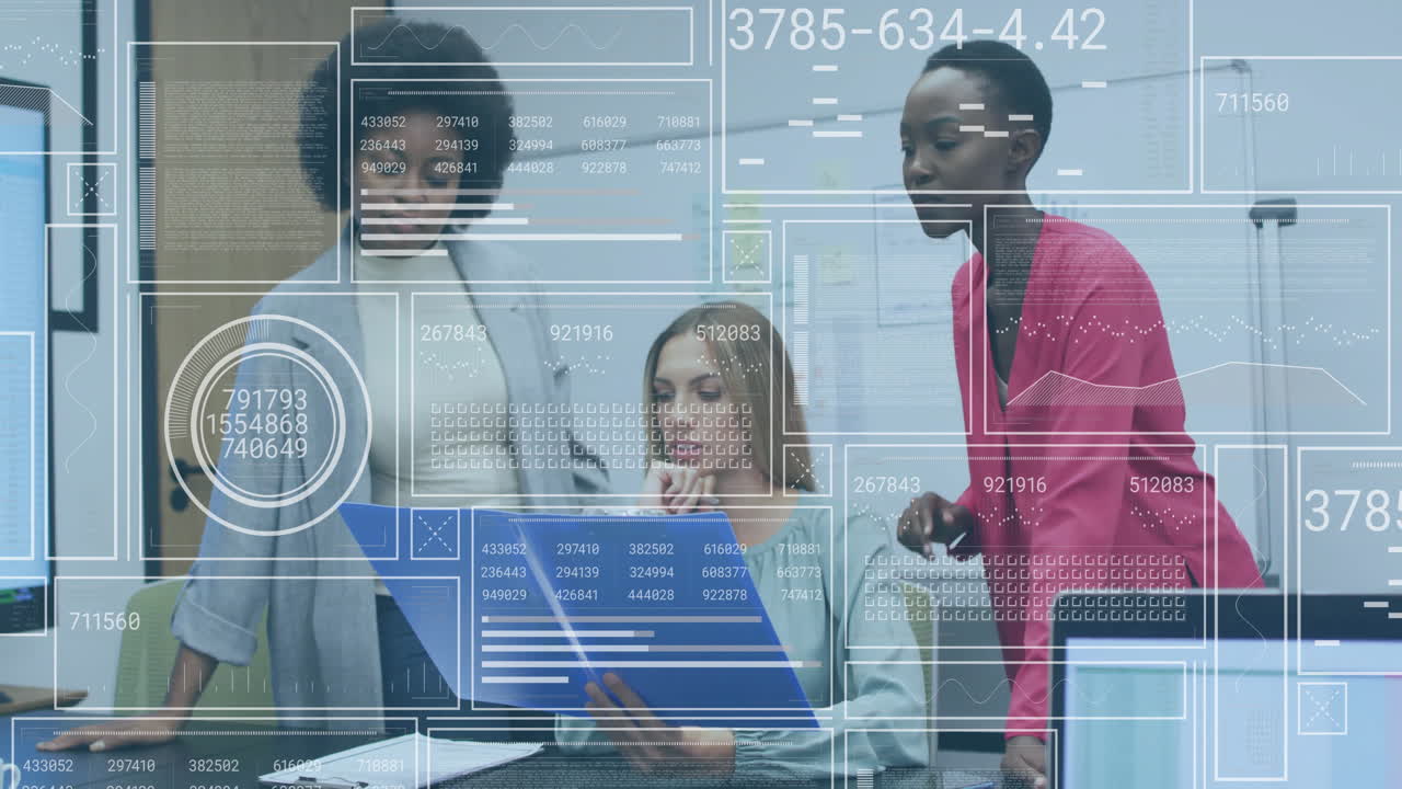 Animation of data processing over diverse female colleagues discussing work in office
