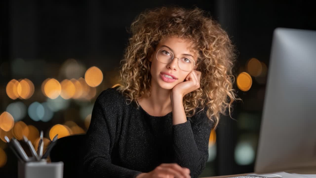 A Thoughtful Young Woman with Curly Hair in Front of a Computer, Capturing Moments of Contemplation and Expression in a Cozy Evening Setting