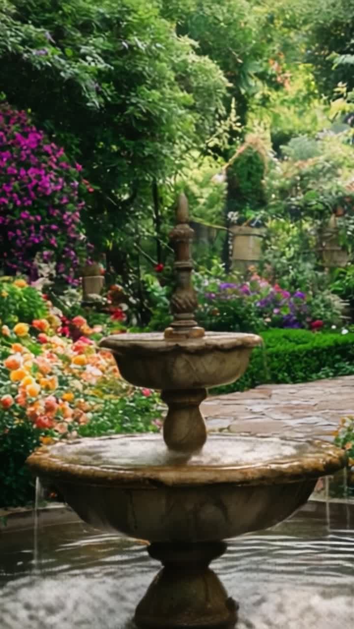 Un'oasi di giardino serena con una grande fontana circondata da fiori colorati e vegetazione lussureggiante, creando un rifugio tranquillo e pittoresco.