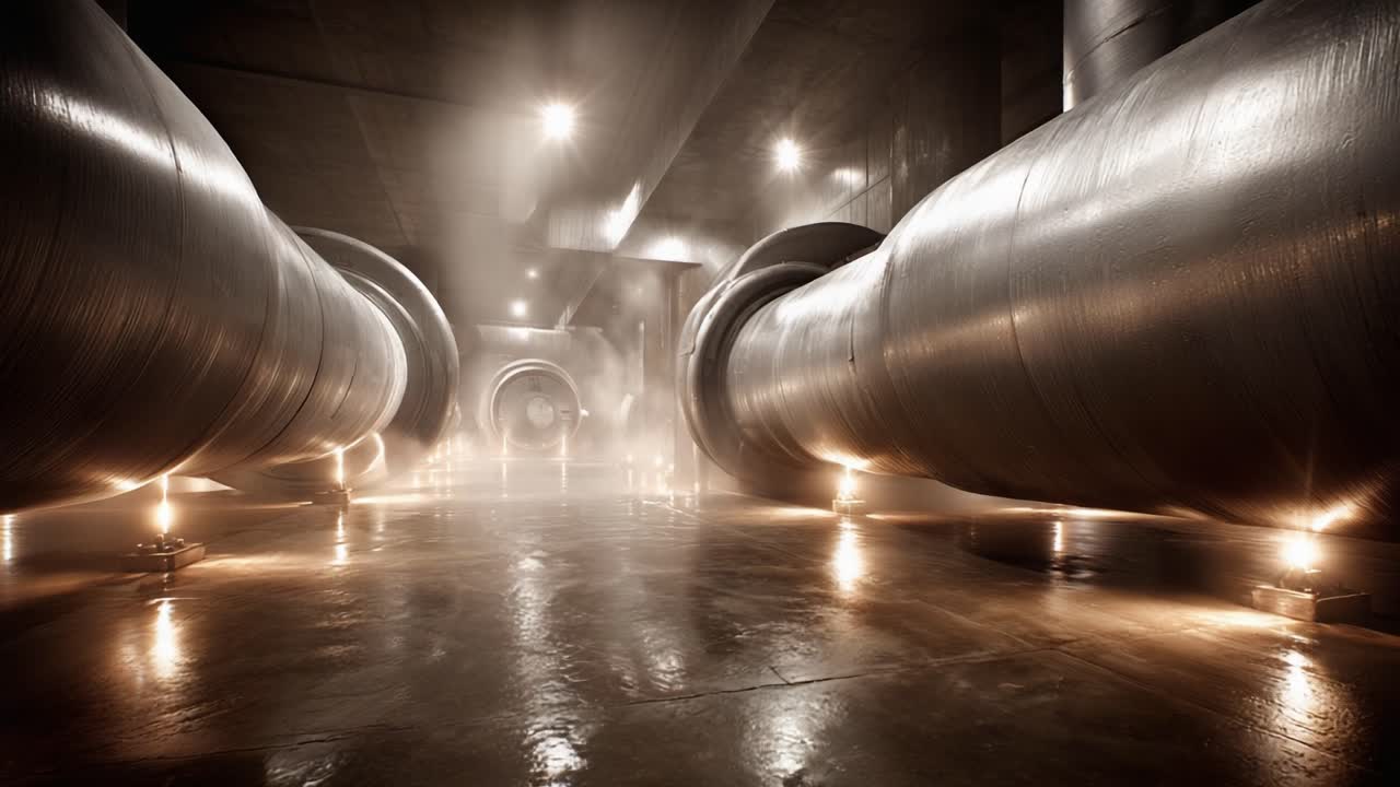 Mysterious Industrial Chamber: A Captivating View of Enormous Pipes and Ethereal Mist in an Ingenious Mechanical Environment