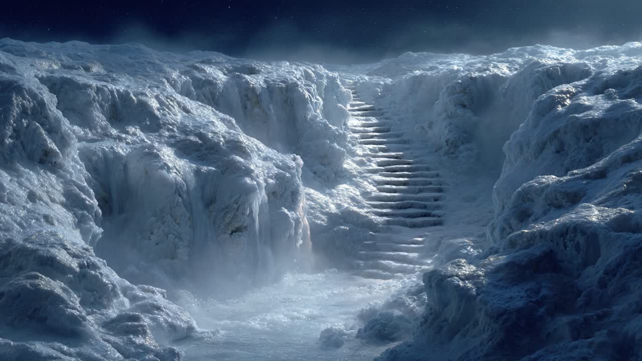 A Mysterious Pathway Through a Frigid Landscape: Snow-Covered Stairs Leading into an Icy Abyss, Surrounded by Fog and Ethereal Light