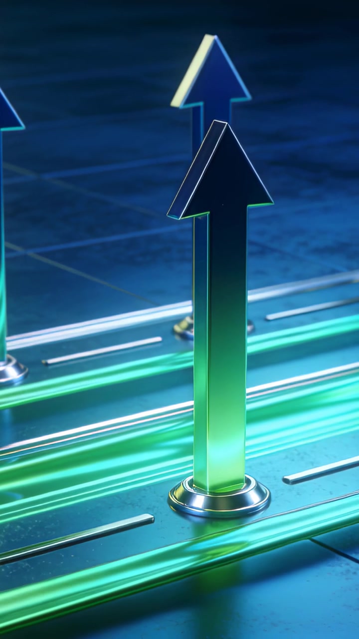 Vertical video: Catching upward arrow reflecting moving green light on round base, grooved platform
