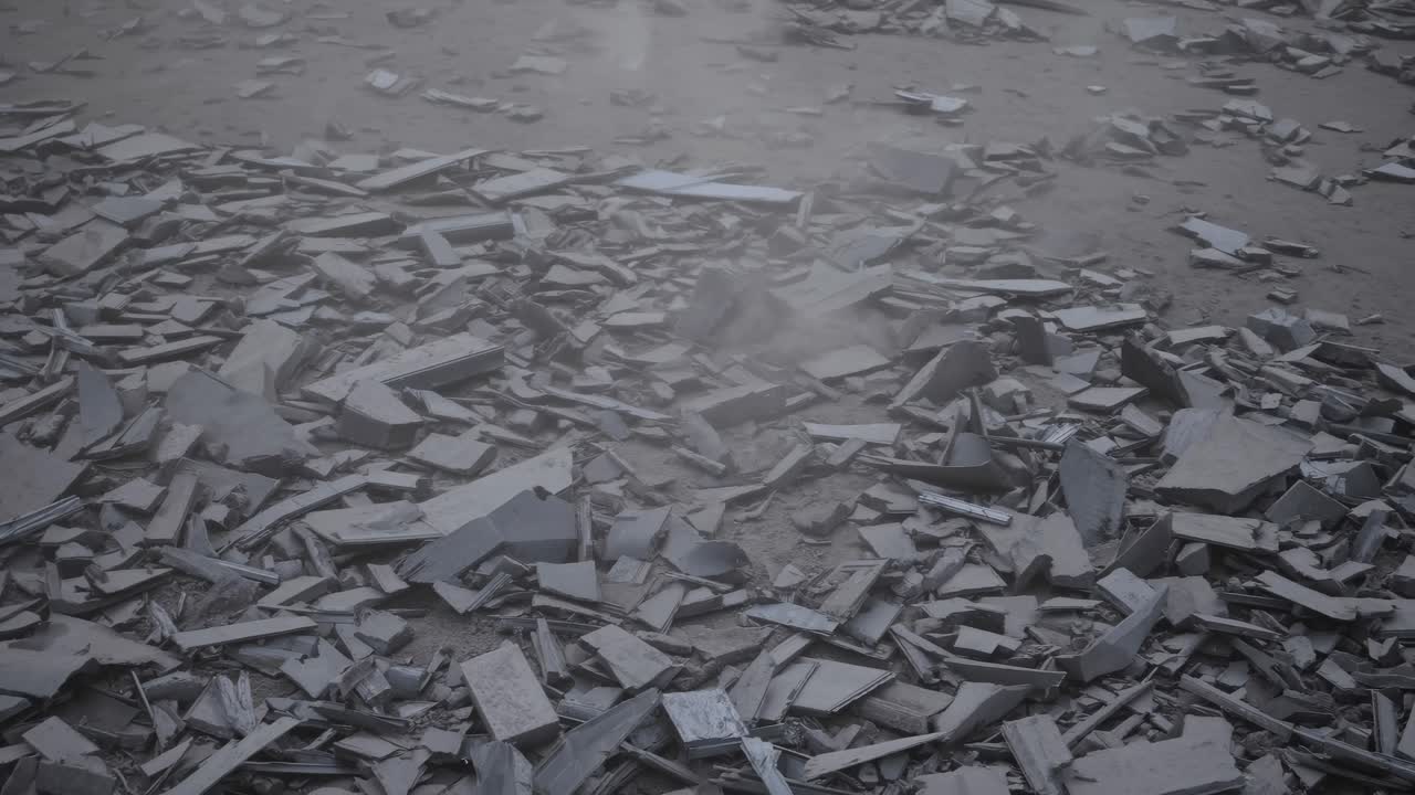 Aerial view of scattered debris on a dusty ground, creating a somber, post-apocalyptic scene